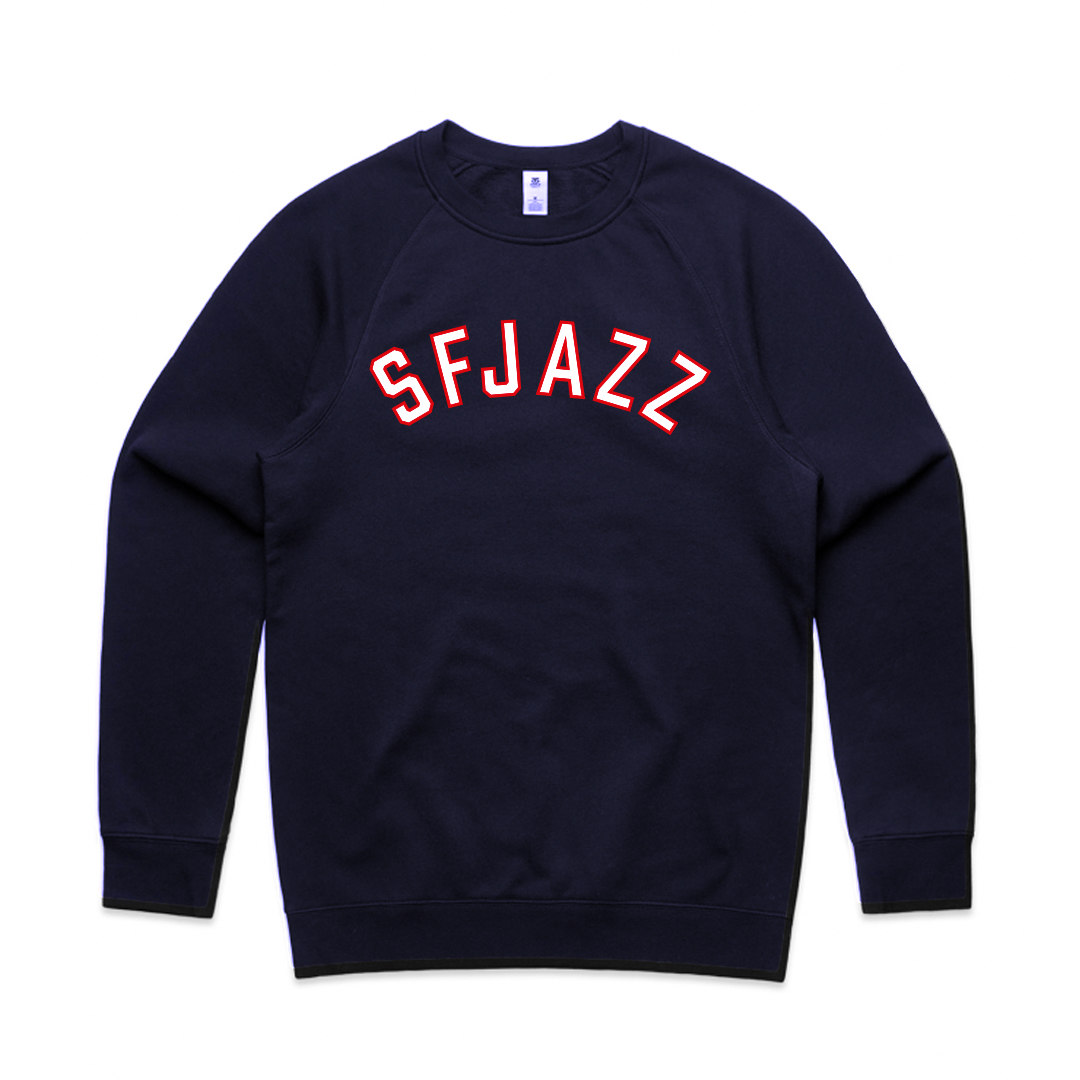 Varsity style SFJAZZ crew neck in navy. Varsity style SFJAZZ crew neck in navy.