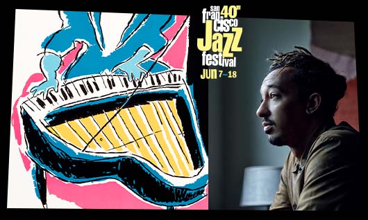 A side profile black and white photo of Gerald Clayton with the 40th San Francisco Jazz Festival artwork